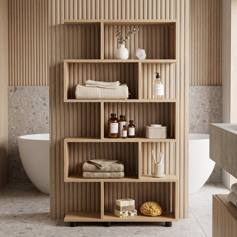 Geometric Minimalist 10 Shelves Bookcase, Light Brown