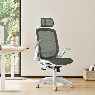 Chaise de bureau ergonomique GABRYLLY, chaise de bureau à haut dossier avec appui-tête, accoudoirs rabattables, verrou d'inclinaison 90-120 ° et coussin large, chaises en filet pour homme 400LBS, chaise de travail blanche (vert olive, GY01WOG)