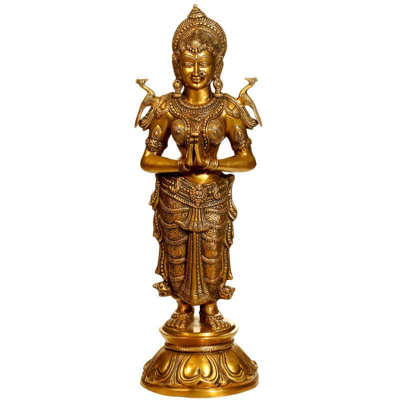 30" Solid Brass Namaste Lady Statue | Large Welcoming Floor Figurine for Entryway & Hospitality Decor
