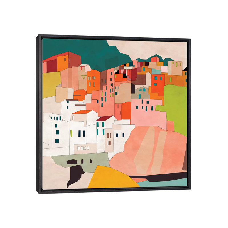 «Cinque Terre» par Ana Rut Bré - impression d'art graphique, Toile avec cadre noir patiné, Aucun mat