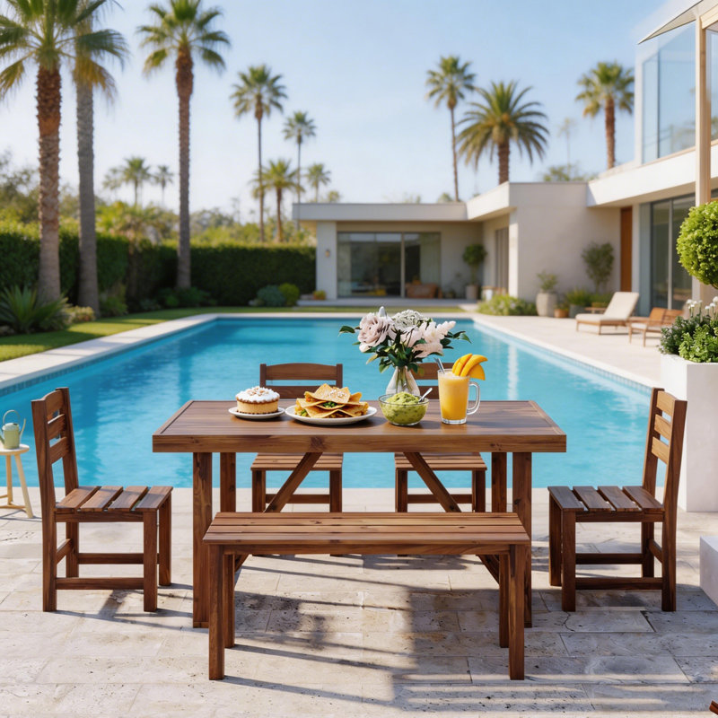 6-Piece Acacia Wood Outdoor Dining Set With Bench, Solid Patio Table And Chairs For Backyard, Deck & Garden, Brown Wood