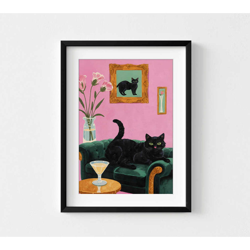 Décoration murale chat noir: aquarelle rose (encadrée ou non), 12" H x 16" W, Impression encadrée avec passe-partout, Noir
