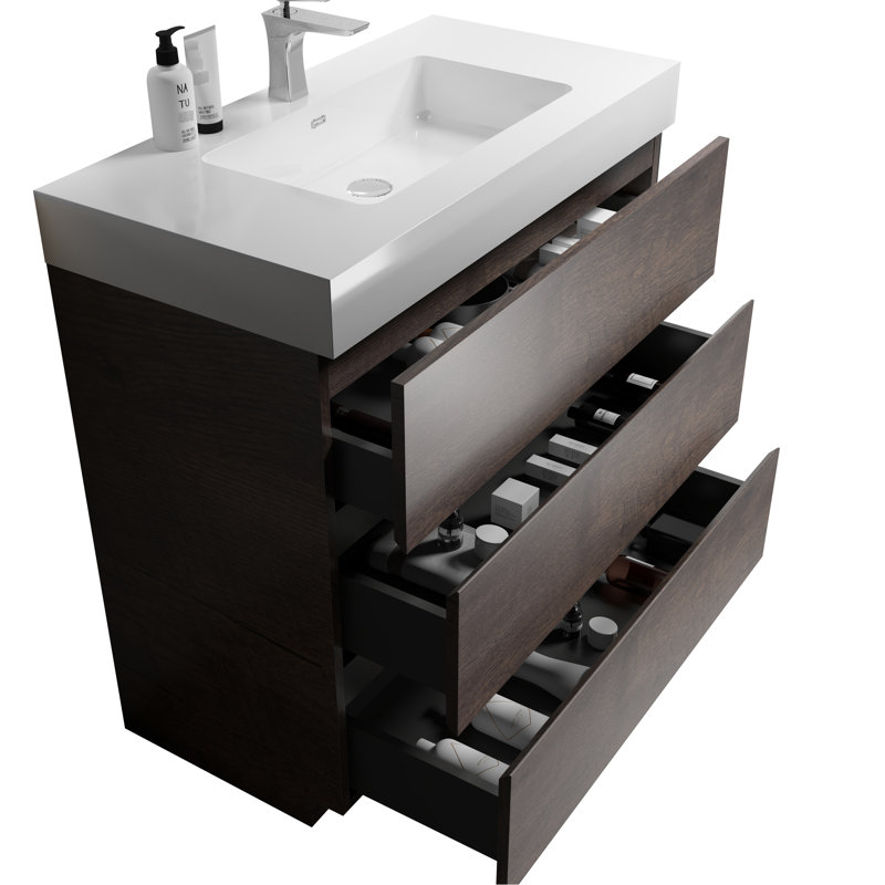 Meuble-lavabo 36 po - Finition noyer, lavabo blanc, rangement abondant, tiroirs, noyer d'aspect élégant, lavabo, modèle moderne
