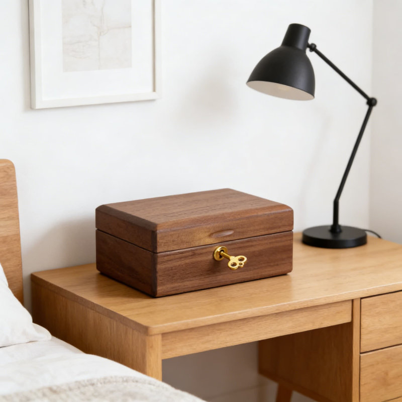 Boîte à bijoux en bois de noyer noir massif avec serrure et clé