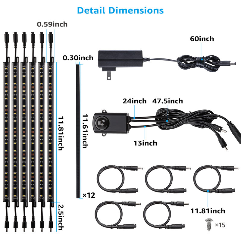 LED Safe Lighting Kit, 12 Inch Linkable Light Bars (6) + Motion Sensor + UL Power Adapter, 5000K