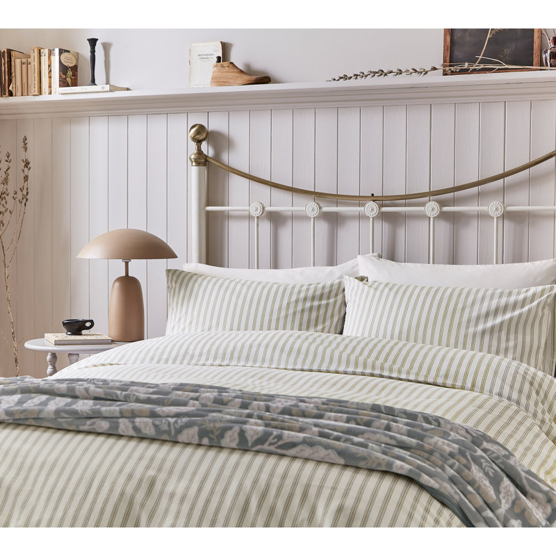 Ticking Stripe Cotton Duvet Cover Set, Beige, Super King Duvet Cover Set + 2 Pillowcases