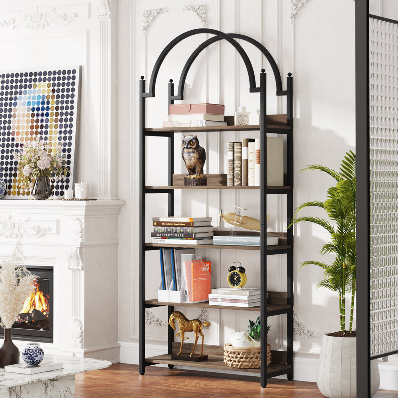183.9cm H x 80cm W Iron Etagere Bookcase, Grey/Brown