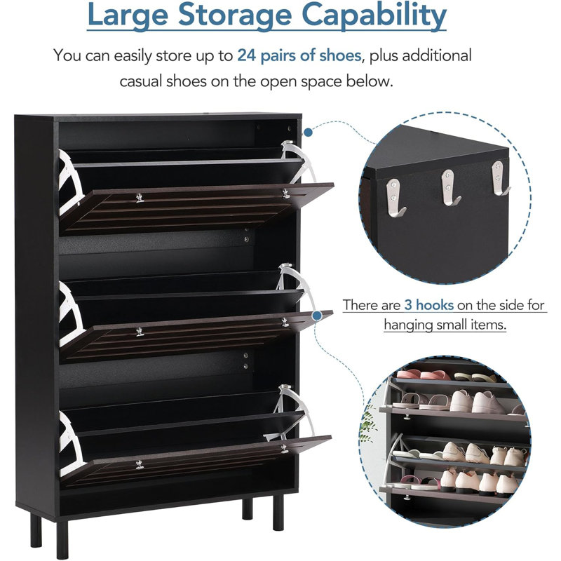 Slim Shoe Rack With Flip Drawers, Hanging Hooks, Adjustable Panels, And Slits Design For Entryway Organization And Shoe Storage