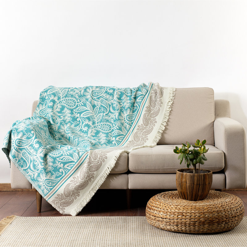 Valetta Jacquard Throw Blanket, Teal/Beige