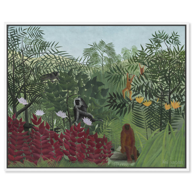 "Tropical Forest With Monkeys", art mural rétro par Art Remedy, Cadre blanc, H 21 po x l 25 po