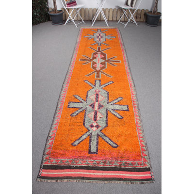 Vintage Turkish Herki Wool Runner Rug with Geometric Patterns in Vibrant Orange for Kitchen Use