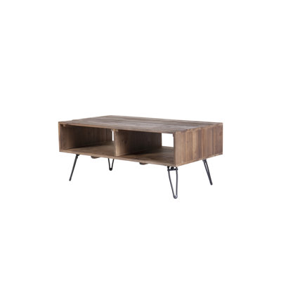 Table de salon ouverte avec rangement en bois récupéré, pliable, pieds en métal, nuance rétro, table pliante avec finition noire / naturelle avec rangement, brillant, pour