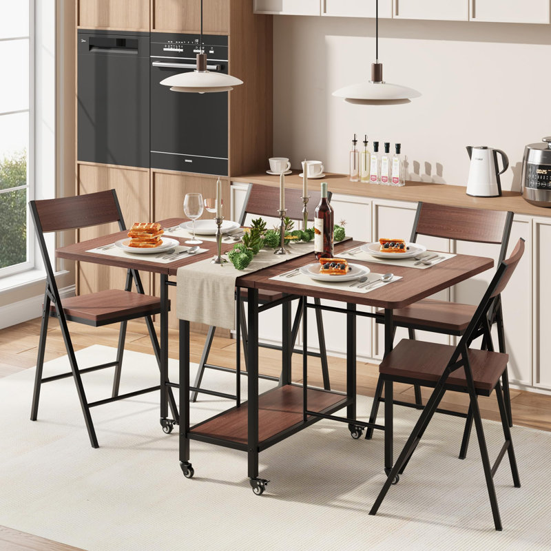 Ensemble table et chaises pliantes 5 pièces pour 4 personnes, gain de place : table à abattants, 4 chaises pliantes, étagère de rangement, roulettes verrouillables, structure en acier robuste et compacte – Noyer
