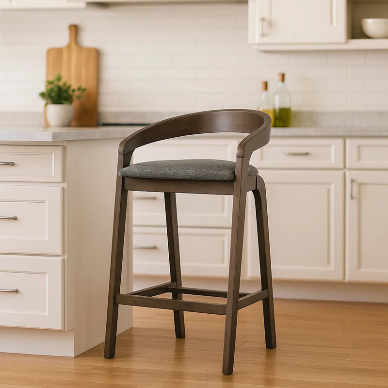 Cid Lenn Counter Stool Chair Set Of 2, Gray Fabric, Curved Brown Rubberwood