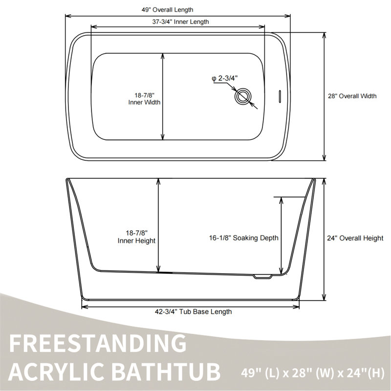 49 - Inch Acrylic Freestanding Soaking Tub, Square Design, Overflow, Comfortable Bathing Feeling, Easy Installation Guide Experience, Process