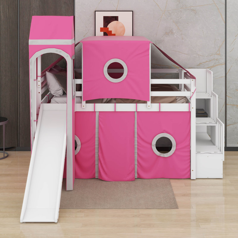 Lit mezzanine double avec tente et tour, Lit double, Rose