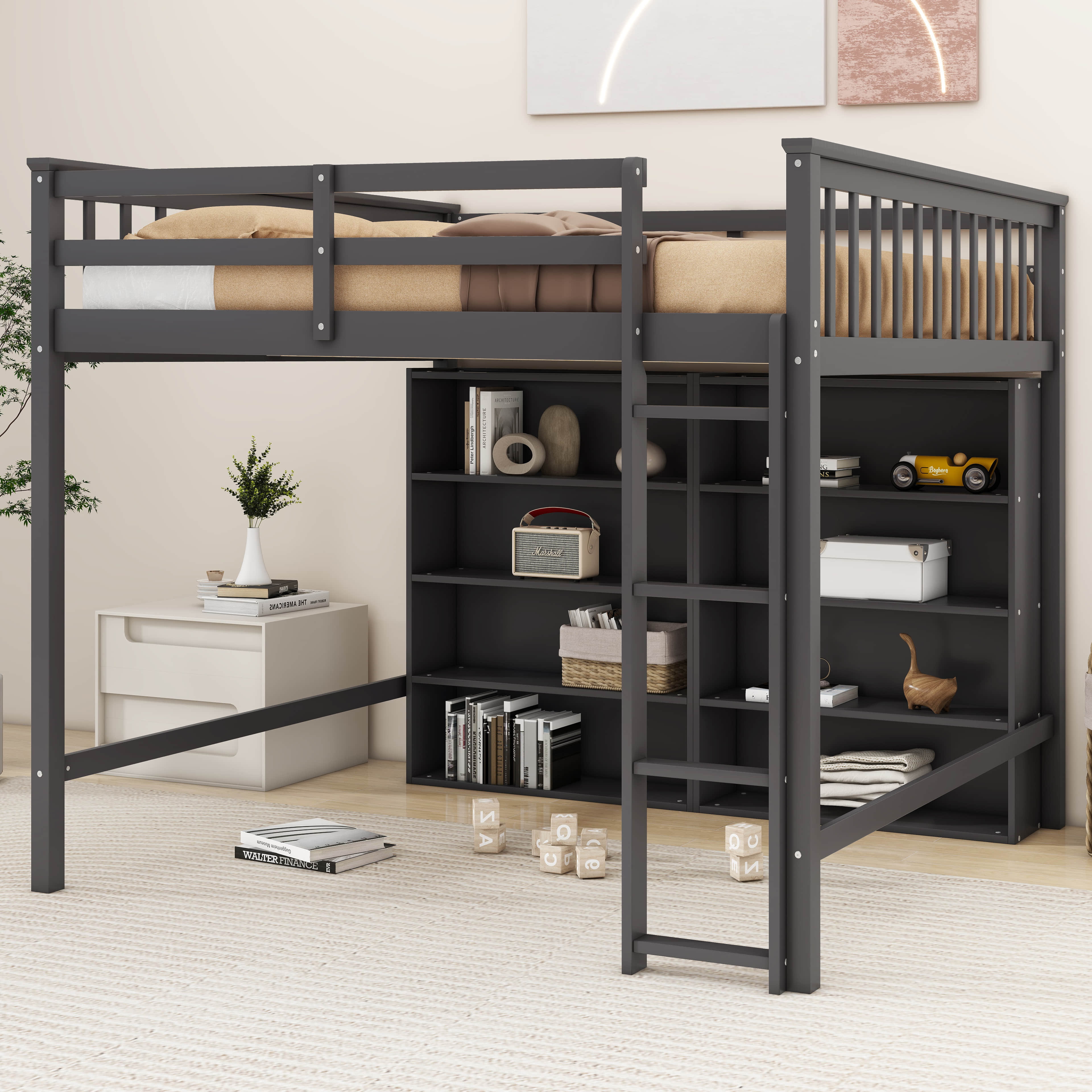 Harriet Bee Javeya Full Size Loft Bed with 8 Open Storage Shelves and ...