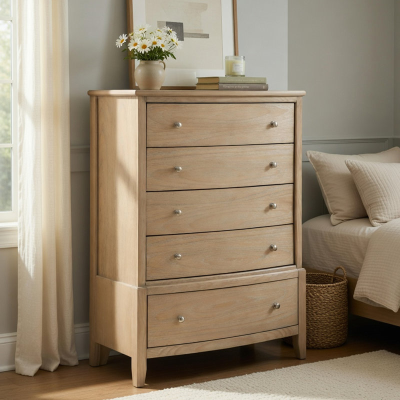 Commode haute Hadly, 5 tiroirs, boutons en nickel satiné, beige rustique