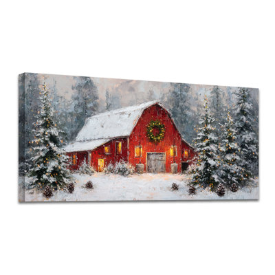 Winter Wall Art Red Barn Wall Decor Snowy Country Landscape Picture Canvas Prints for Living Room Bedroom Pine Trees Scene Painting Poster Farmhouse Christmas Decor Artwork Home Decoration