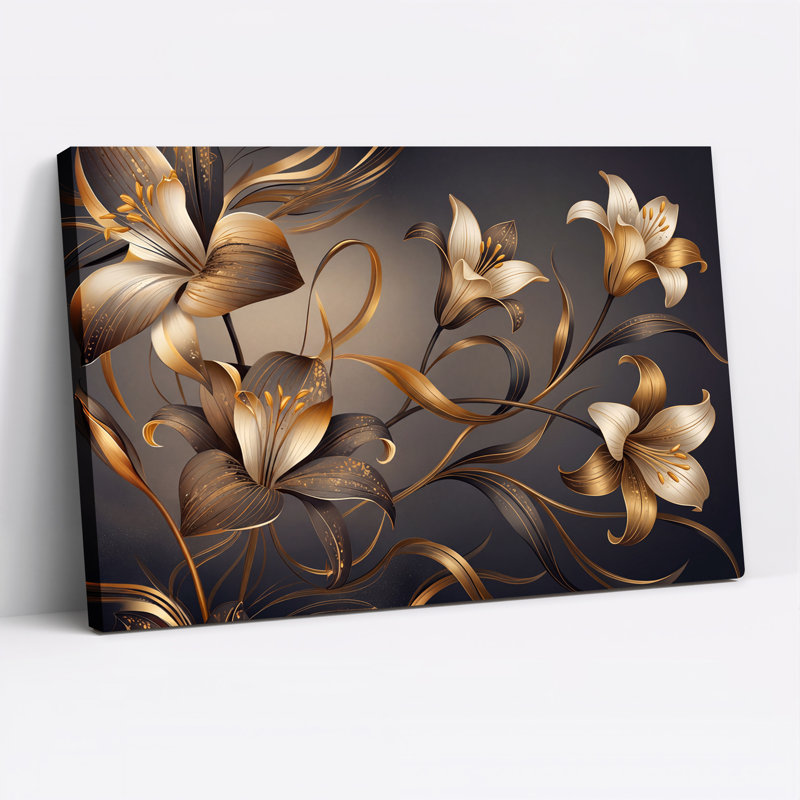 Lys en bronze doré aux tiges fluides sur fond sombre - Tableau mural sur toile, 12"H x 18"W