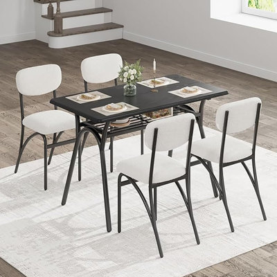 Ensemble de salle à manger 5 pièces pour 4 personnes, table à plateau en marbre avec chaises bouclées et tablette de rangement, noir