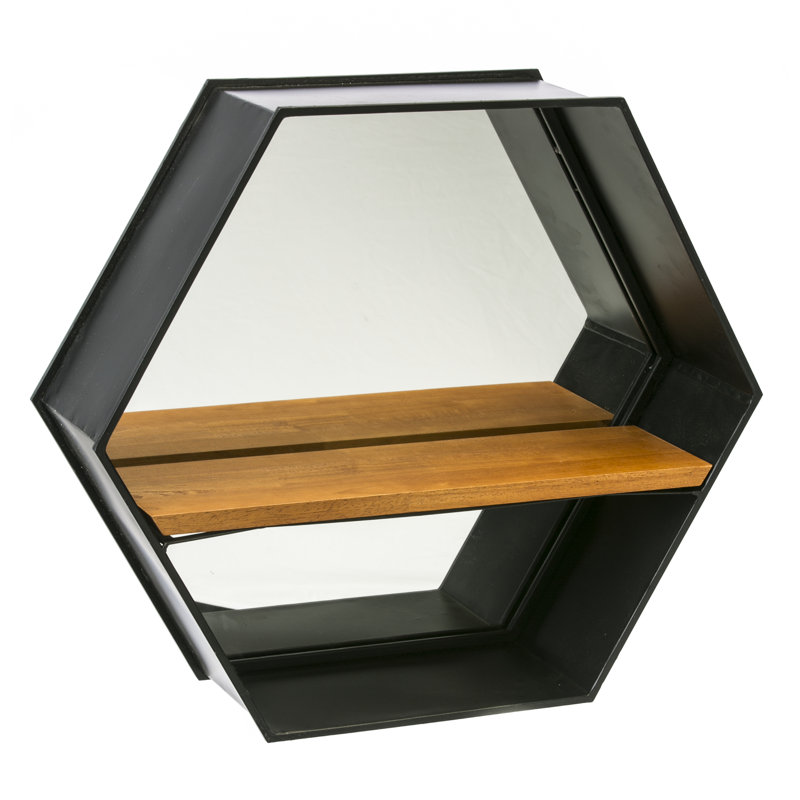 Miroir de cadre en métal noir hexagonal avec tablette en bois
