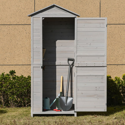 Armoire de rangement en bois Outsunny de 36 po x 25 po x 79 po, organisateur de remise à outils d'extérieur à 4 niveaux, 3 tablettes avec repose-pieds à loquet magnétique, gris clair
