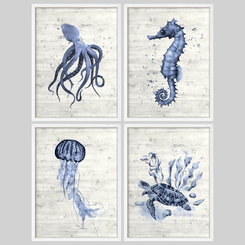 «Nautical Marine Life, créature marine bleue et blanche, œuvre d'art moderne minimaliste», 4 pièces, Blanc, H 28 po x l 22 po
