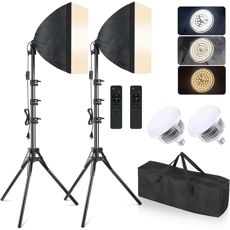 Kit d'éclairage professionnel Softbox avec 2 x 16 "x 16" Softboxes, 2 ampoules à DEL de 85 W, télécommande et trépieds réglables pour la photographie de mode en studio