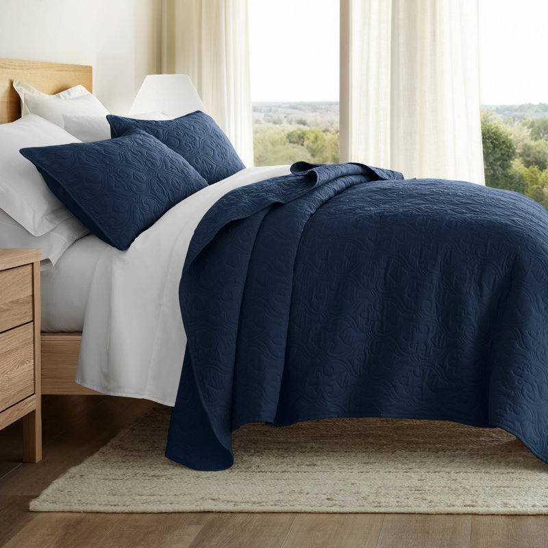 Ensemble de courtepointe légère en damas doux toutes saisons par Simply Soft, Bleu marine