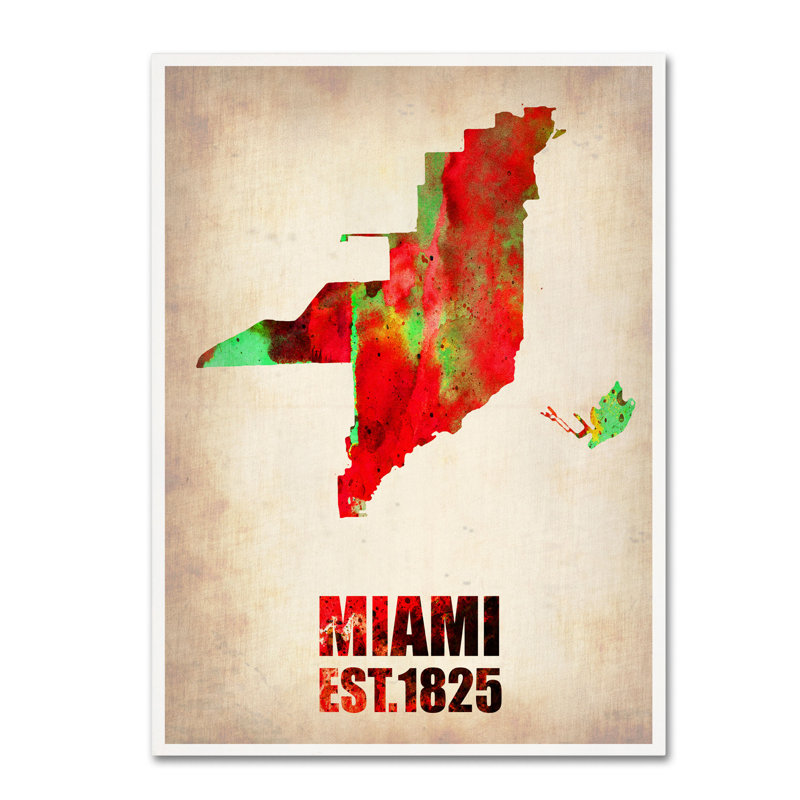 « miami aquarelle map », reproduction d’art sur toile tendue, H 47 po x l 35 po x P 2 po