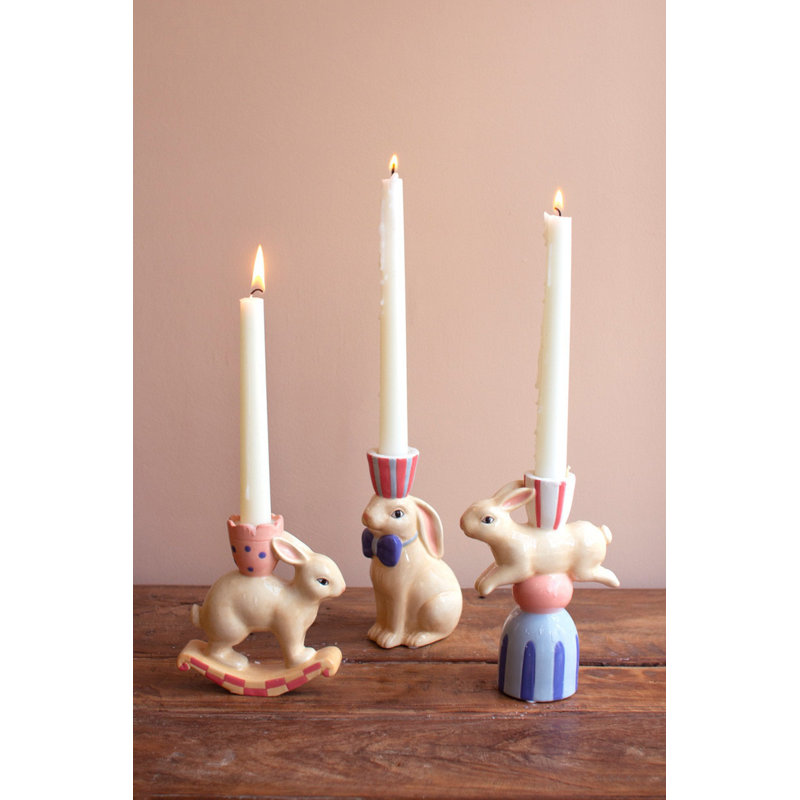  Ceramic Easter Bunny Taper Candle Holders 6"H – Glazed Multi-Color Spring Decor Set of 3