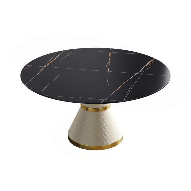 Table de salle à manger contemporaine en pierre artificielle avec base en acier au carbone, Noir, Blanc
