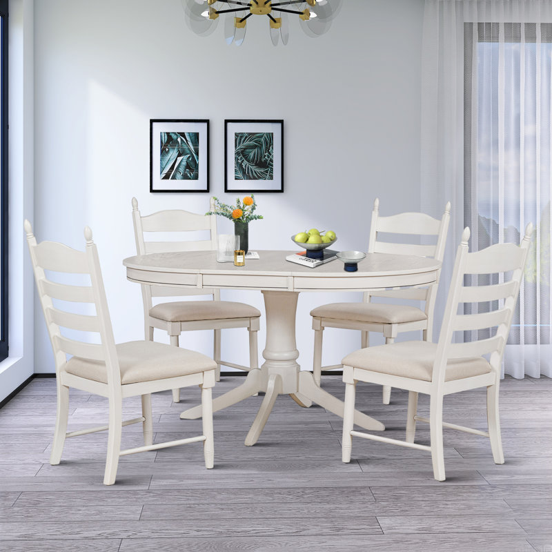 Ensemble de salle à manger en bois 5 pièces avec plateau de table extensible et coussins de siège Brenita, Blanc antique