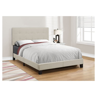 Full Size Upholstered Platform Bed with Tufted Headboard, Beige Linen-Look Fabric and Black Legs