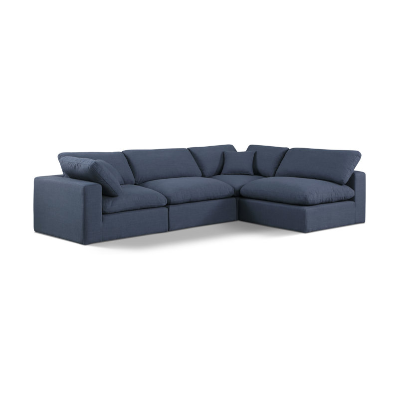 Canapé modulaire 4 pièces rembourré, Tissu texturé en lin bleu marine