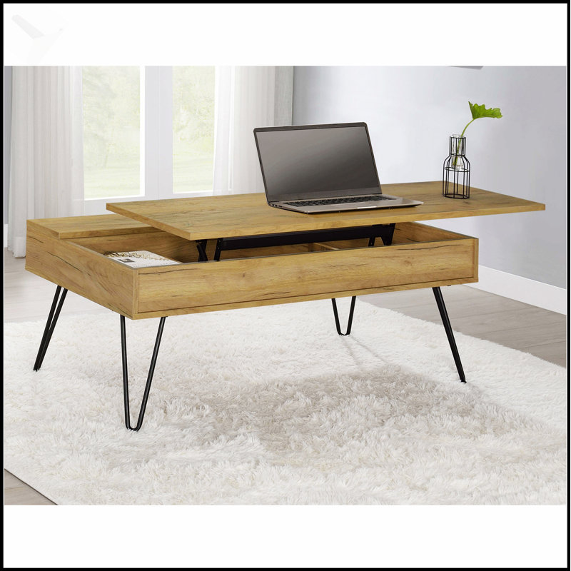Table basse à plateau relevable en chêne doré Amara avec rangement caché, parfaite pour les espaces de vie modernes et élégants.