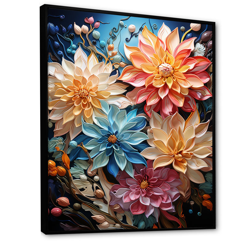 Fleurs de Japon kimono kaléidoscope I sur toile, Cadre flottant noir, H 44 po x l 34 po x P 1,5 po