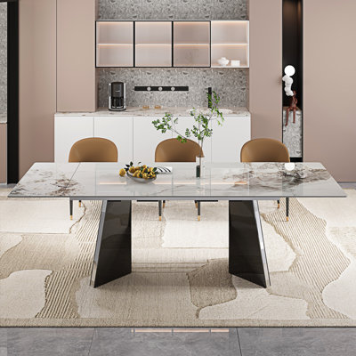 9 - Piece Faux Marble Dining Table Set With 94.5” Rectangular Extendable Sintered Stone Top And 8 Faux Leather Chairs