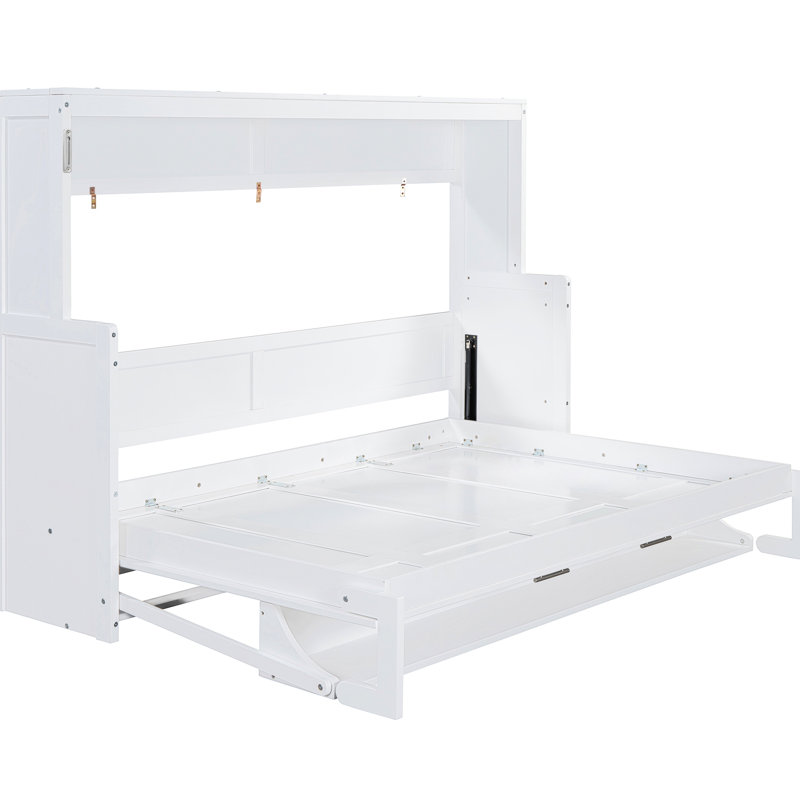 Lit double, couleur blanche, bureau hydraulique pliable, peu encombrant pour les petits appartements, support de 600 lb, espaces de rangement pour matelas intégrés,