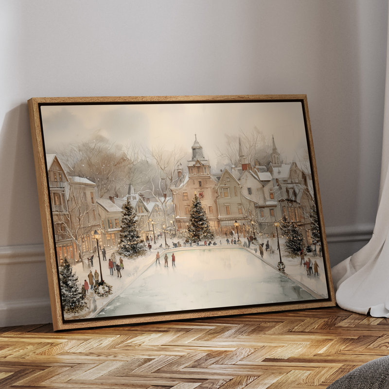 Art mural encadré sur toile - Village d'hiver avec scène de patinage sur glace - 16 po x 24 po, 24 po x 36 po, Naturel