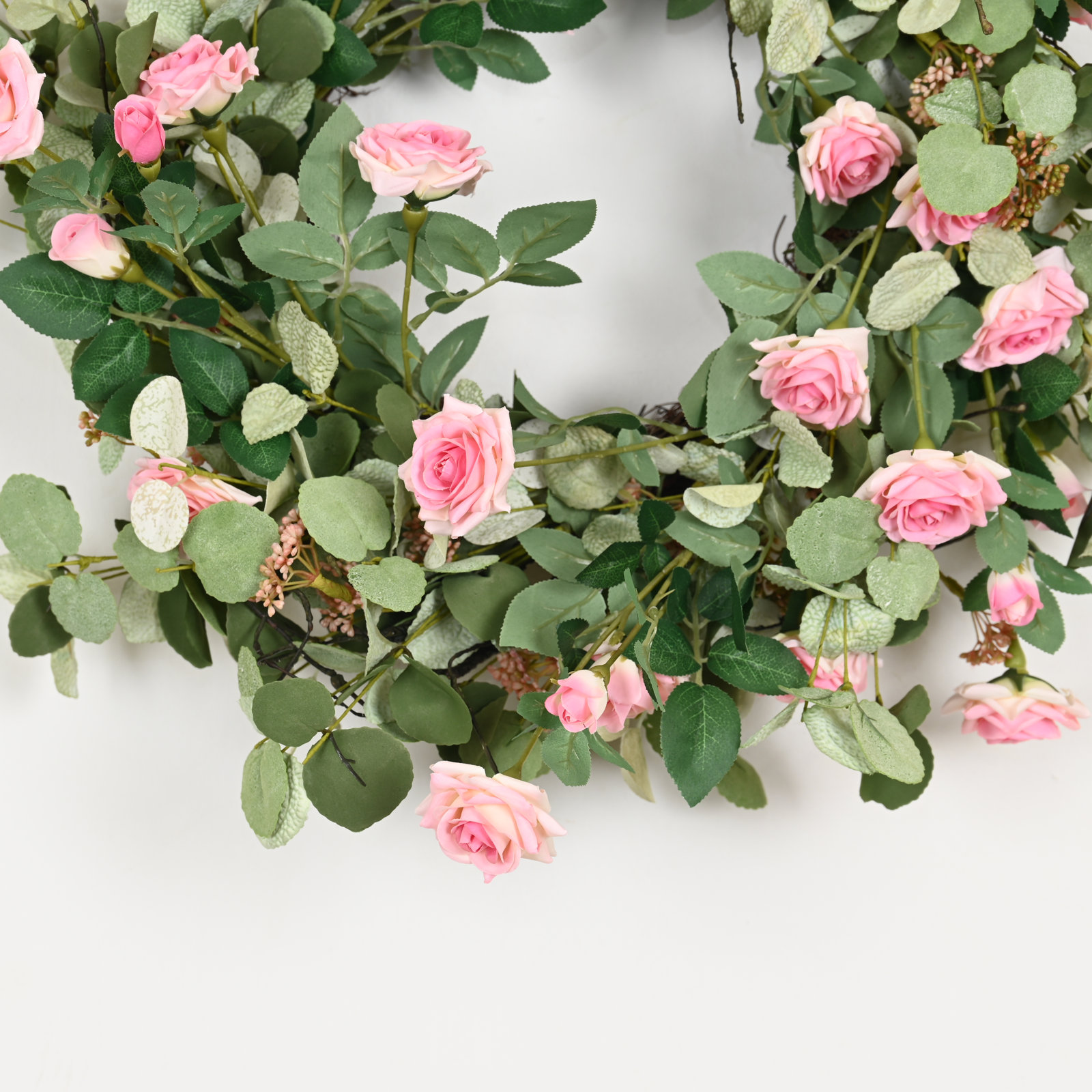 22" Handcrafted Eucalyptus Rose No Holiday Wreath, Pink/Green