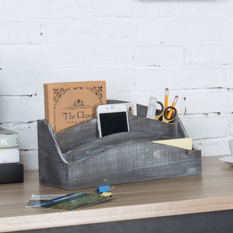 Keyone Solid Wood 3-Slot Mail Sorter Desk Paper Organiser, Grey