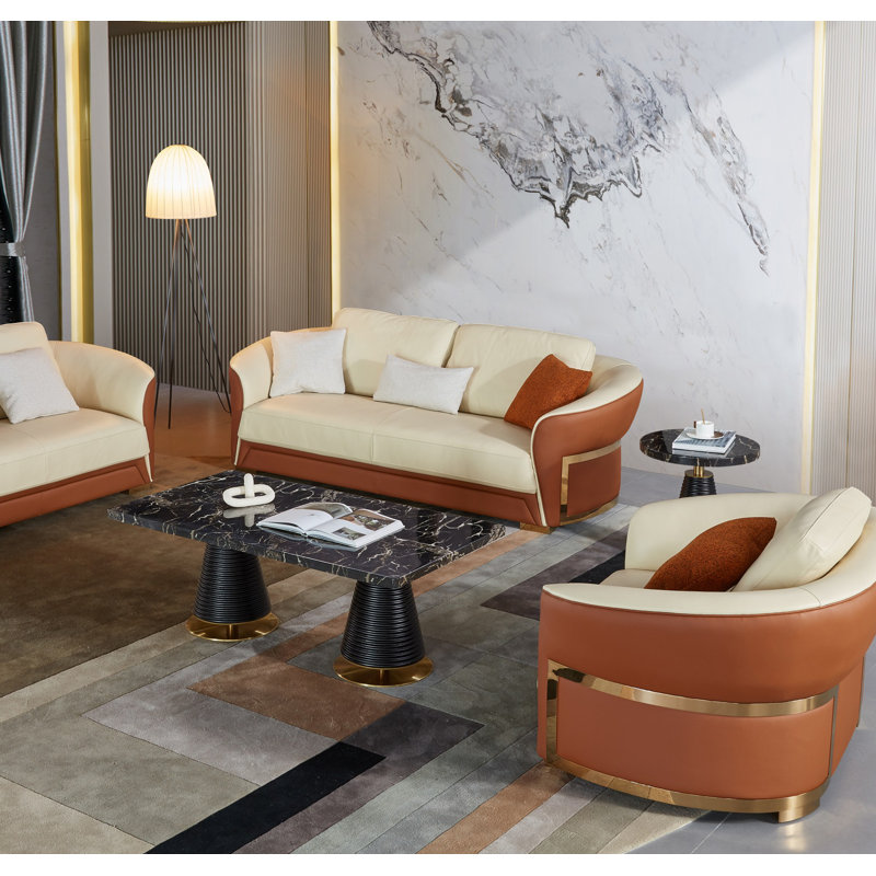 Sofa, Beige/Cognac Genuine Leather