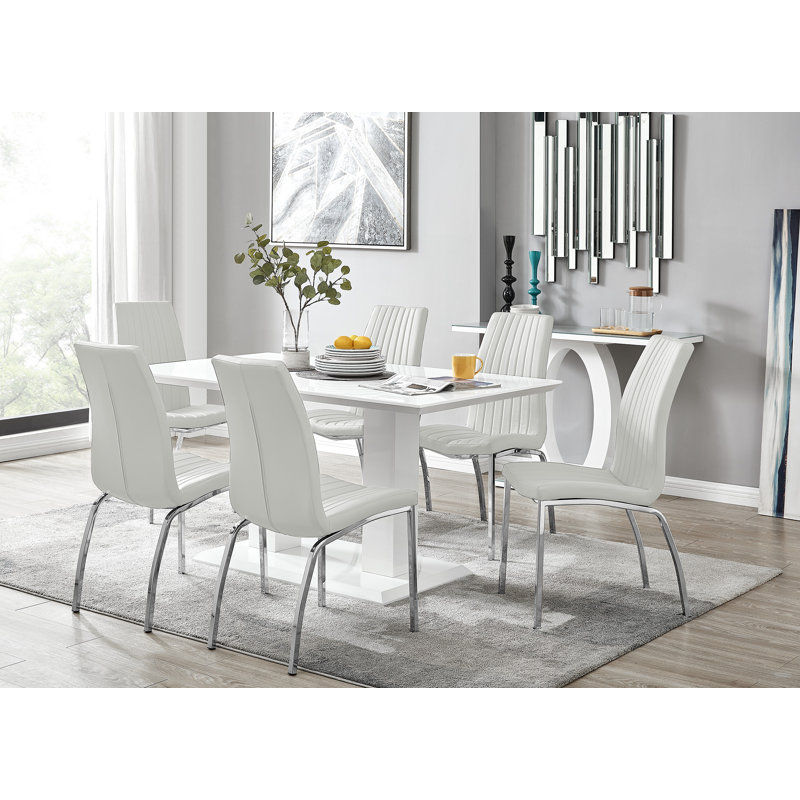 Eubanks High Gloss Double Pillar Dining Table Set with 6 Luxury Faux Leather Dining Chairs, White