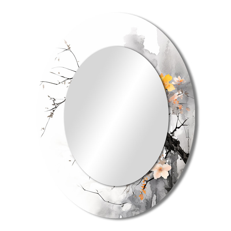 Asian Art Bat Sumi - Grand miroir mural ovale sur métal, 43 po x 33 po