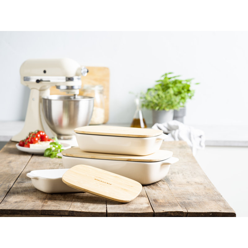 KitchenAid Stoneware Rectangular Dish with Bamboo Lid, Almond Cream, 20cm