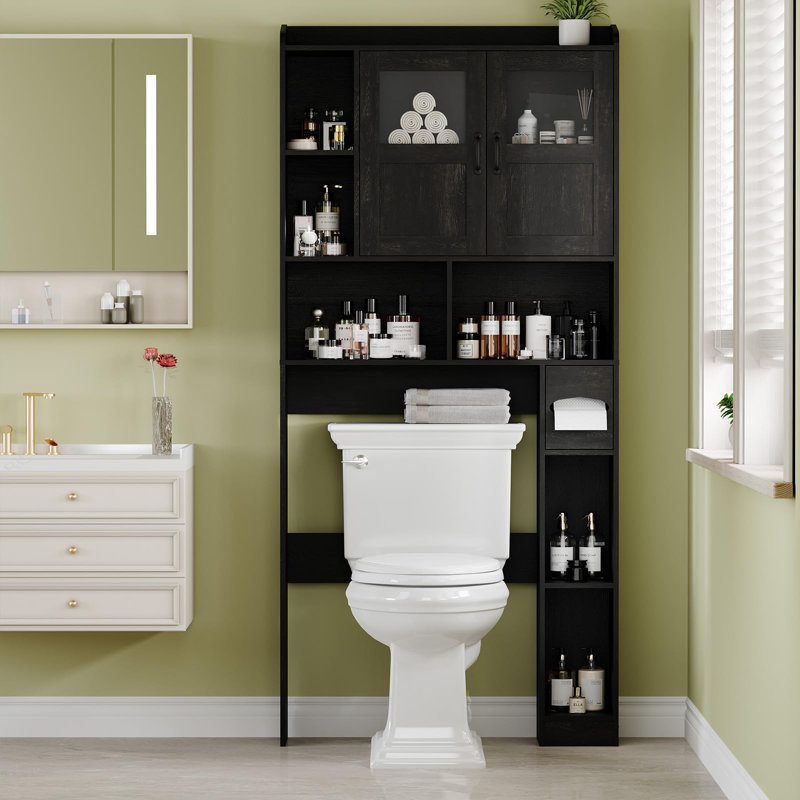 Space-Saving Over Toilet Storage Cabinet – 67" Tall Bathroom Organizer with Glass Door, Adjustable Shelf, Barn Door, Black