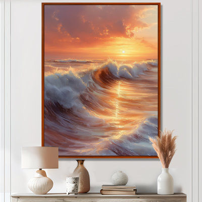 Yellow White Sunset Waves Ocean Bliss - Beach Wall Art Print