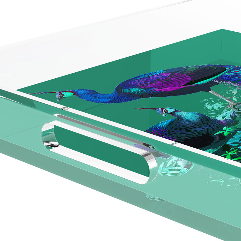 Family Pheasants Acrylic Square Decorative Tray, 12"W x 12"D x 2"H, Peacock